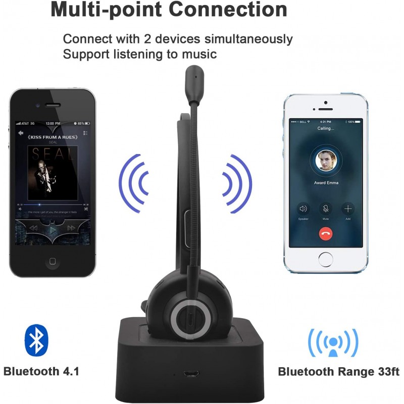 BANIGIPA 블루투스 5.0 헤드셋 17-Hr, 트럭 용 마이크로폰 탑재 Office Call Center, CVC6.0 잡음 제거 블루투스 뮤직 헤드폰 이어폰 이어폰, 충전식 도크, 선명한 핸즈프리 통화 가능