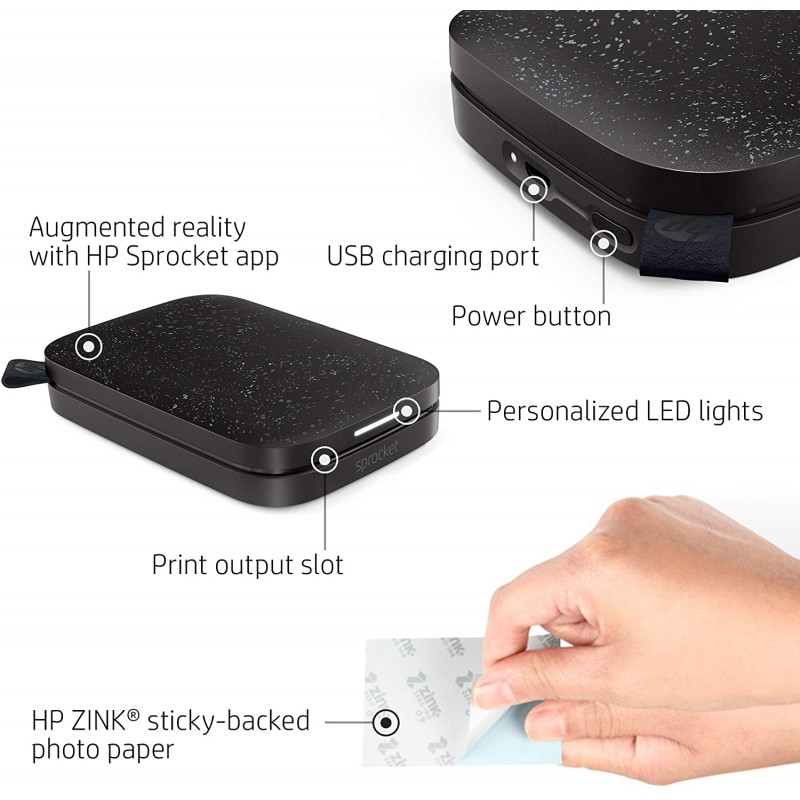 HP Sprocket 휴대용 포토 프린터 (2 판) - 휴대폰에서 2x3 스티커 사진 지원 - [Noir] [1AS86A]
