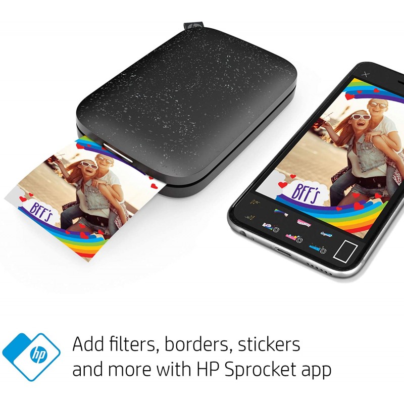 HP Sprocket 휴대용 포토 프린터 (2 판) - 휴대폰에서 2x3 스티커 사진 지원 - [Noir] [1AS86A]