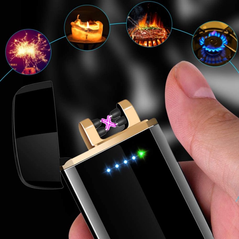 산블로그안 아크 라이터, 터치스크린 USB 라이터 충전식 USB 라이터 방풍 플라즈마 라이터 LED 배터리 표시기, 블랙 클래식 라이터