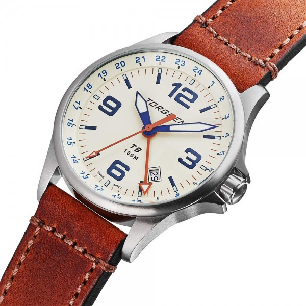 남성용 Torgoen T9 크림 GMT 파일럿 시계, 스위스 쿼츠, 미네랄 크리스탈, 빈티지 브라운 가죽 스트랩