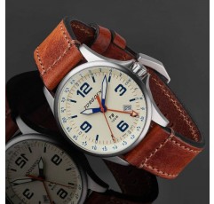 남성용 Torgoen T9 크림 GMT 파일럿 시계, 스위스 쿼츠, 미네랄 크리스탈, 빈티지 브라운 가죽 스트랩