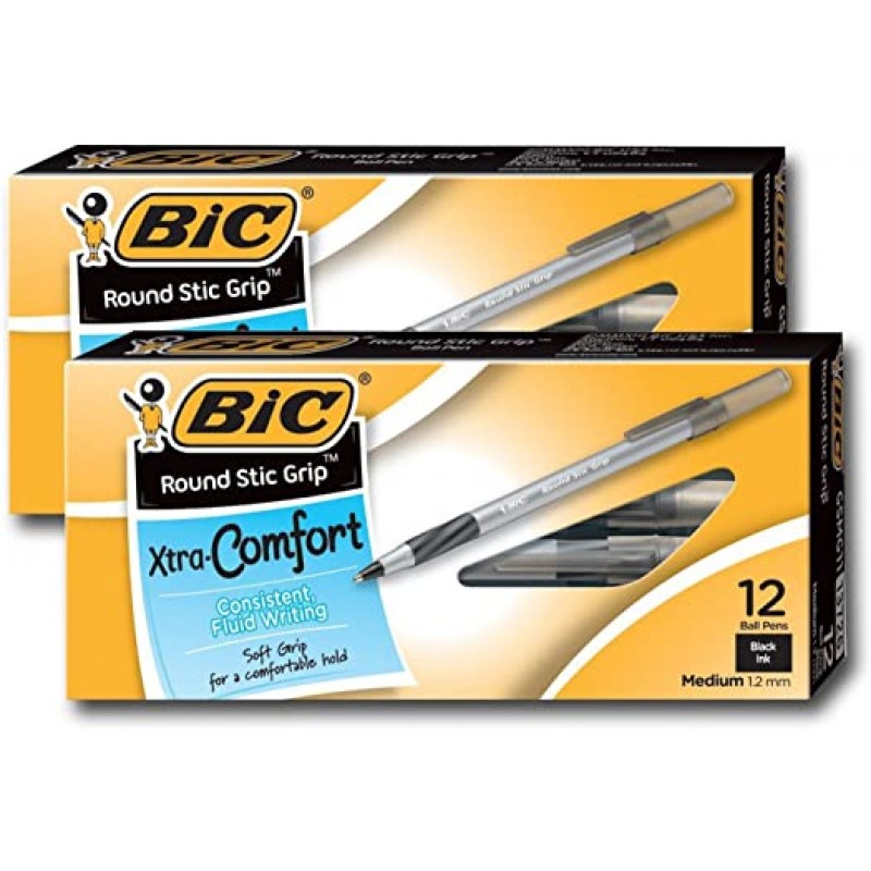 Bic 울트라 라운드 스틱 그립 볼펜, 미디엄 포인트, 1.2mm, 검정 잉크(24개)