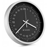Navaris 24시간 벽시계 - 11.8인치 무소음 움직임이 있는 아날로그 군용 시계 시계 바늘이 똑딱거리지 않음 - 배터리 작동 - 블랙 페이스의 실버 프레임
