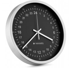Navaris 24시간 벽시계 - 11.8인치 무소음 움직임이 있는 아날로그 군용 시계 시계 바늘이 똑딱거리지 않음 - 배터리 작동 - 블랙 페이스의 실버 프레임