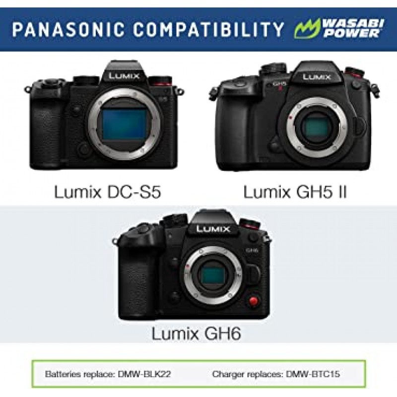 Panasonic DMW-BLK22 고용량 배터리 및 Panasonic Lumix DC-S5 디지털 카메라, Panasonic Lumix GH6, Panasonic Lumix GH5 II용 와사비 전원 배터리(2팩) 및 USB-C 듀얼 배터리 충전기