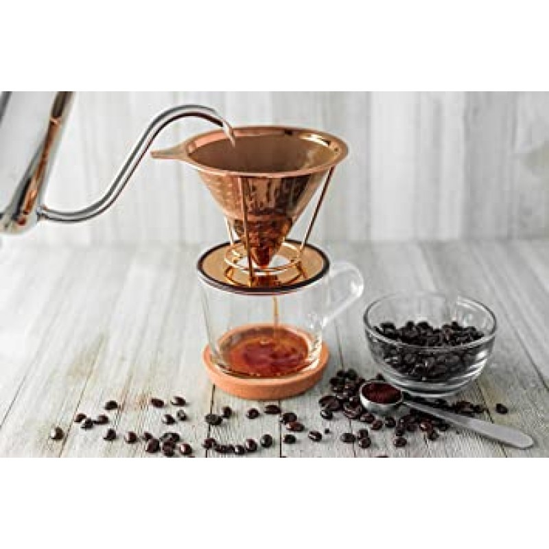 HIBOU - 구리 코팅 푸어 오버 커피 드리퍼 - 페이퍼리스 필터 - 재사용 가능 & 친환경 - Honeycomb Design Dripper - Coffee Brewer - Chemex - Bodum - Carafe 호환