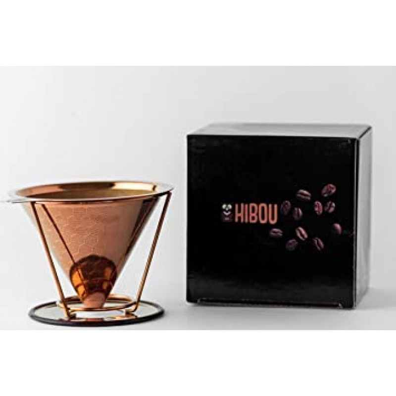 HIBOU - 구리 코팅 푸어 오버 커피 드리퍼 - 페이퍼리스 필터 - 재사용 가능 & 친환경 - Honeycomb Design Dripper - Coffee Brewer - Chemex - Bodum - Carafe 호환