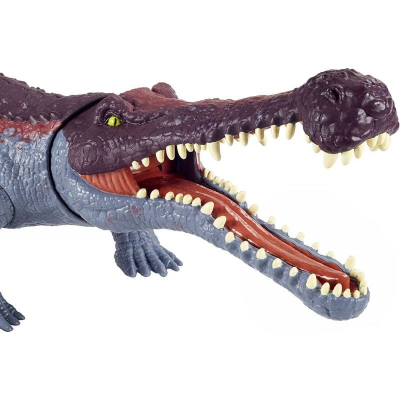 Jurassic World Sarcosuchus Massive Biters 더 큰 크기의 공룡 액션 피규어(꼬리 작동식 스트라이크 및 씹는 동작, 움직일 수 있는 관절, 영화와 같은 디테일) 4세 이상 : 장난감 및 게임