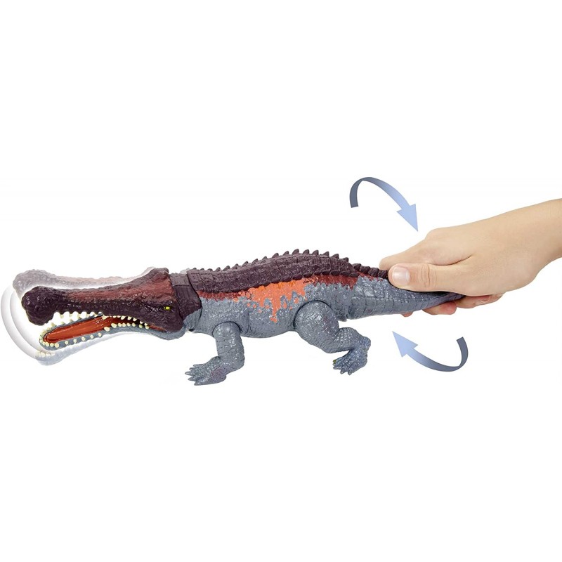 Jurassic World Sarcosuchus Massive Biters 더 큰 크기의 공룡 액션 피규어(꼬리 작동식 스트라이크 및 씹는 동작, 움직일 수 있는 관절, 영화와 같은 디테일) 4세 이상 : 장난감 및 게임