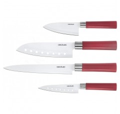 Cecotec 전문 일본 산요쿠 칼 4개세트 2mm 두께 가장자리, 요리사 칼, 다용도 칼, 케이스(빨간색)