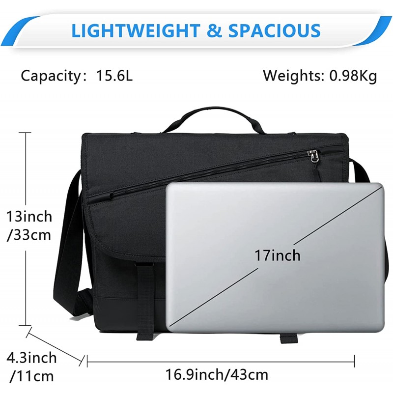 남성용 17인치 노트북 메신저 백, VASCHY 패션 방수 사첼 크로스 바디 숄더 사이드 백 서류 가방 남성용 및 여성용 작업, 학교, 비즈니스 블랙
