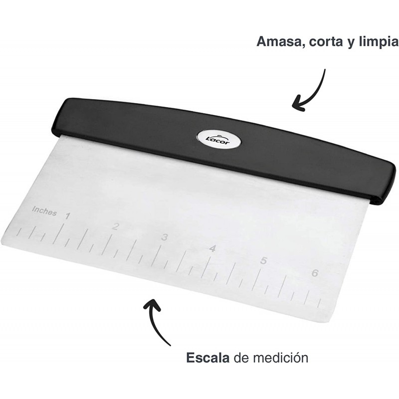 Lacor 67029 - 절단 스크레이퍼, 직사각형 다목적, 반죽 절단, 측정 및 청소 16.5 x 11cm, 스테인리스