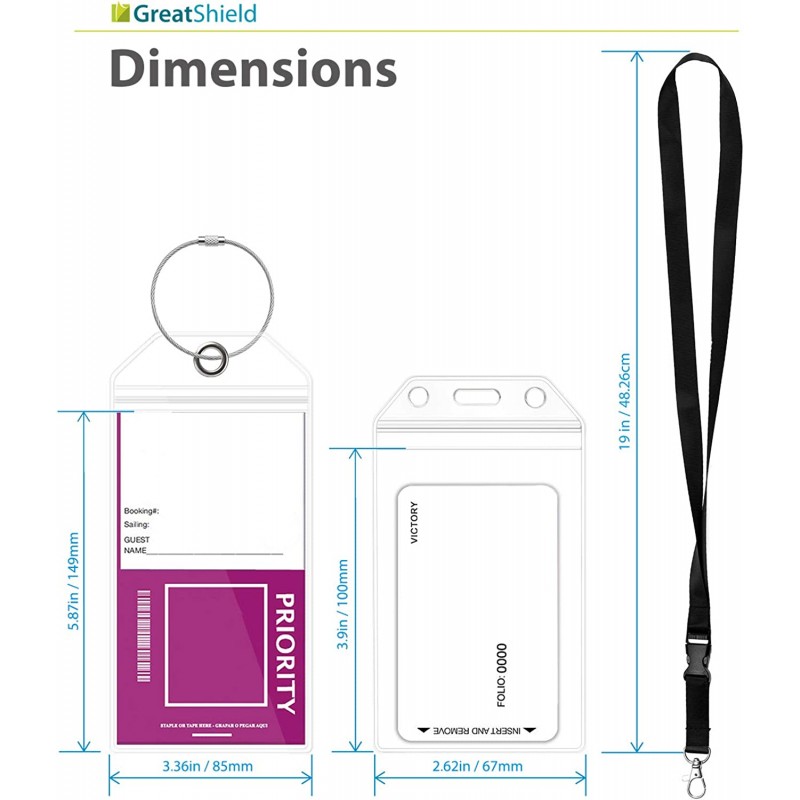 GreatShield 크루즈 러기지 태그 홀더(8팩) + 랜야드 포함 ID 홀더(4팩) Princess, Carnival, Holland American 및 Norwegian Cruise Line용 내후성 PVC 지퍼 파우치 및 스틸 루프 | 수하물 태그