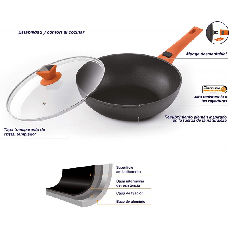 BERELA - ROCKMAG II Wok Pan, 28cm 뚜껑 및 분리형 손잡이 PFOA Free 독일 기술