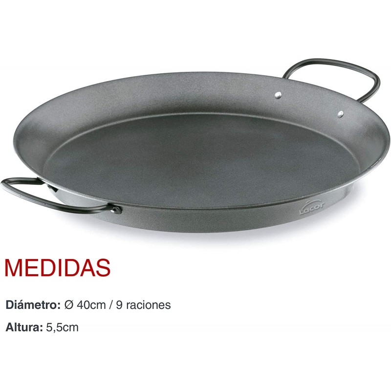 Lacor - 60139 - 탄소강 빠에야팬 논스틱, 비트로세라믹, 전기, 친환경 코팅, 9인분용량 40cm