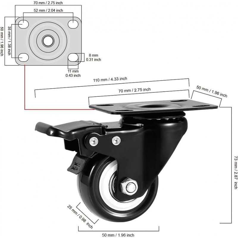 CLOATFET 캐스터 휠, 브레이크가 있는 2인치 캐스터, 4개 세트가 포함된 무소음 회전 캐스터, 잠금 장치가 있는 폴리우레탄(PU) 휠, 4팩 캐스터, 중부하 작업용 플레이트 캐스터: 산업 및 과학
