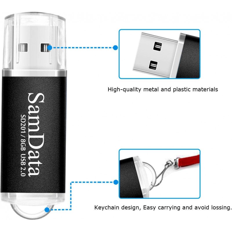 SamData USB 플래시 드라이브 8GB 5팩 USB 2.0 썸 드라이브 메모리 스틱 데이터 스토리지 점프 드라이브 Zip 드라이브 드라이브(LED 표시기 포함)(검정색, 8GB-5팩)