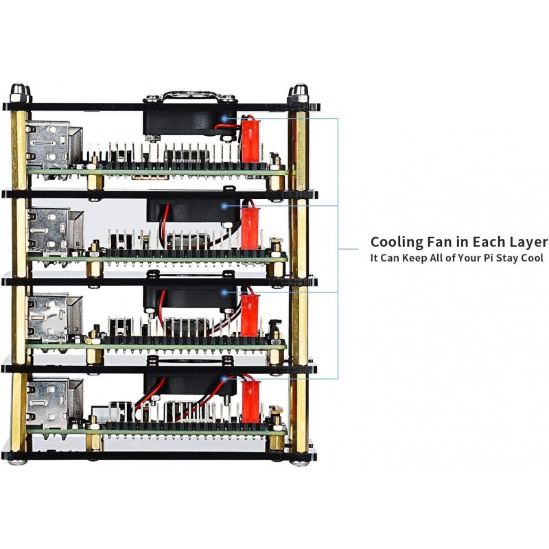 라즈베리 파이 4 모델 B의 GeeekPi 클러스터 케이스, 냉각 팬 및 라즈베리 파이 히트 싱크가있는 라즈베리 파이 케이스, 라즈베리 파이 3B +, 라즈베리 파이 3/2 모델 B의 4 레이어 아크릴 케이스 Stackable 케이스