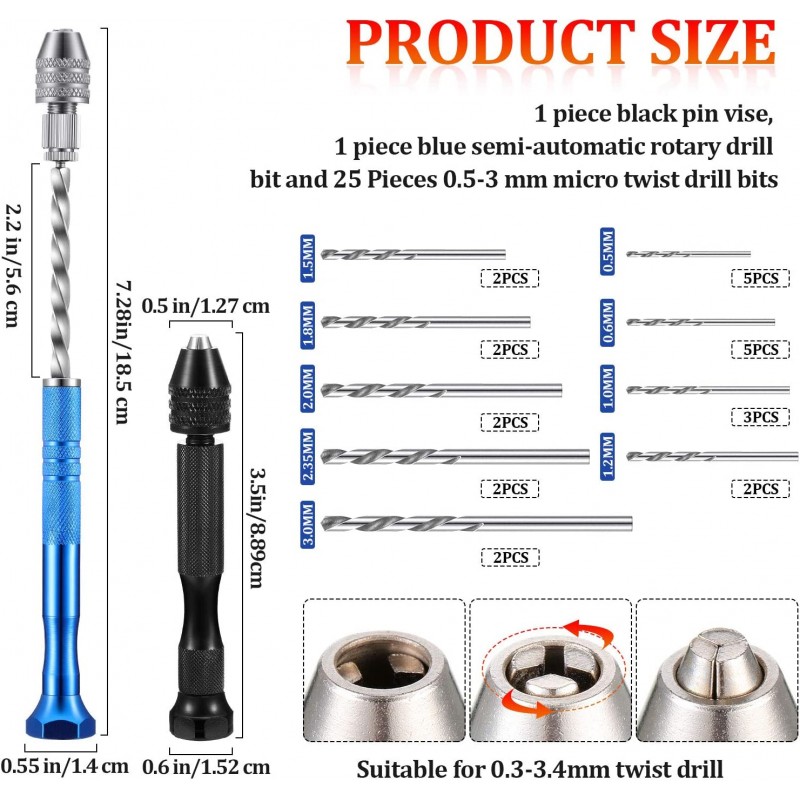 27 조각 핀 바이스 핸드 드릴 비트 세트에는 핀 바이스 및 반자동 나선형 핸드 드릴 회전 도구 25 조각이 포함 된 수지 폴리머 클레이 공예 용 마이크로 트위스트 드릴 비트 DIY 보석 전기: 도구 및 홈 개선