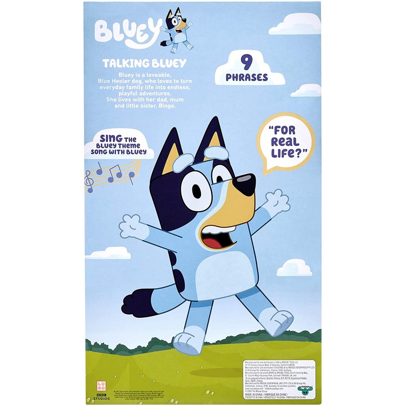 Bluey - 13인치(33cm) 말하는 인형 - 대화형 - 따라 부르기, 9가지 다른 구절