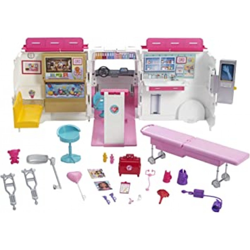 Barbie Care Clinic Playset - 구급차 및 접이식 병원 - 조명 및 사이렌 - 20개 이상의 액세서리 포함 - 60 cm 길이 - 3세 이상의 어린이를 위한 선물, FRM19