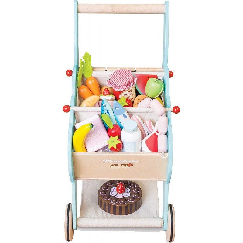 Le Toy Van - 분리형 가방이 있는 허니베이크 나무 쇼핑 카트 | 슈퍼마켓 척 플레이 식품 가게
