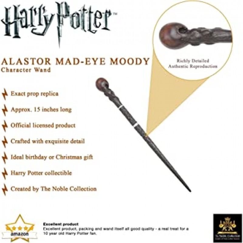 The Noble Collection - Alastor Mad-Eye Moody 캐릭터 지팡이 - 이름표가 있는 15인치(38cm) Wizarding World 지팡이 - 해리 포터 영화 세트 영화 소품 지팡이