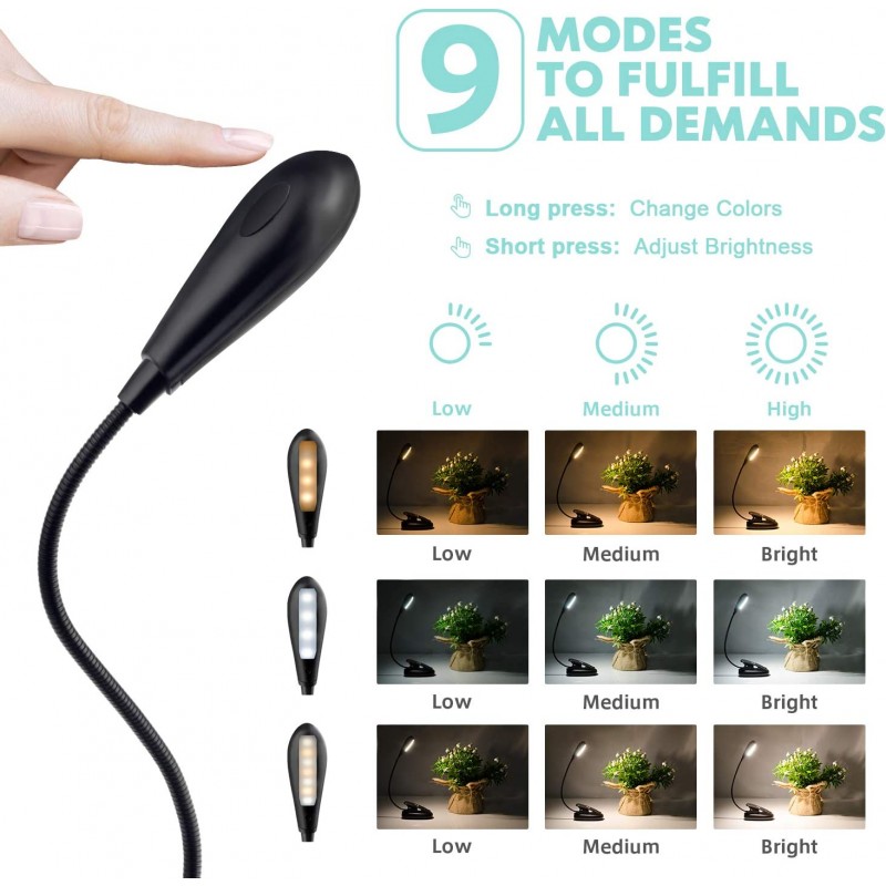 9가지 모드의 책 조명, 침대용 7가지 LED 클립 독서등, 어린이를 위한 LENCET USB 충전식 Eye-Care LED 클립 온 램프, 책 읽기를 위한 유연한 클립 온 책 조명(온백색 LED), 잡지