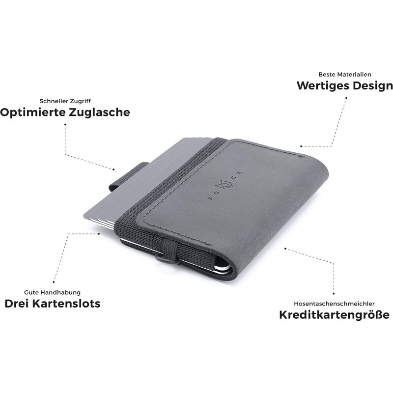 FOCX ® Minimalist 가죽으로 만든 카드 미니 지갑, 풀탭이 있는 슬림 지갑, 남성 및 여성용 | 독일제(검정)