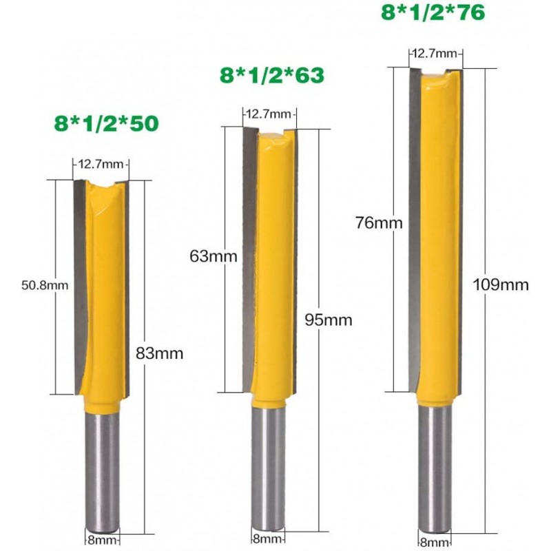 Petansy 8mm 섕크 스트레이트 비트 세트 커터 목공 도구 3Pcs 엑스트라 롱 스트레이트 라우터 비트