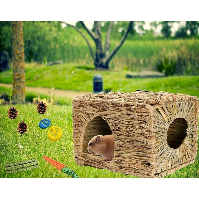 LLGLEU 잔디 집, 손으로 짠 식용 천연 잔디 은신처, 기니피그, 토끼 및 작은 동물용 초대형 잔디집