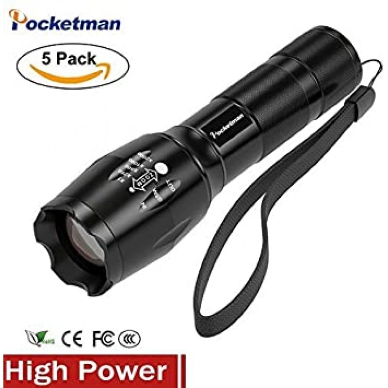 Pocketman 1500 Lumens T6 야외 줌이 가능한 핸드 헬드 전술 손전등 5 가지 모드 5 팩