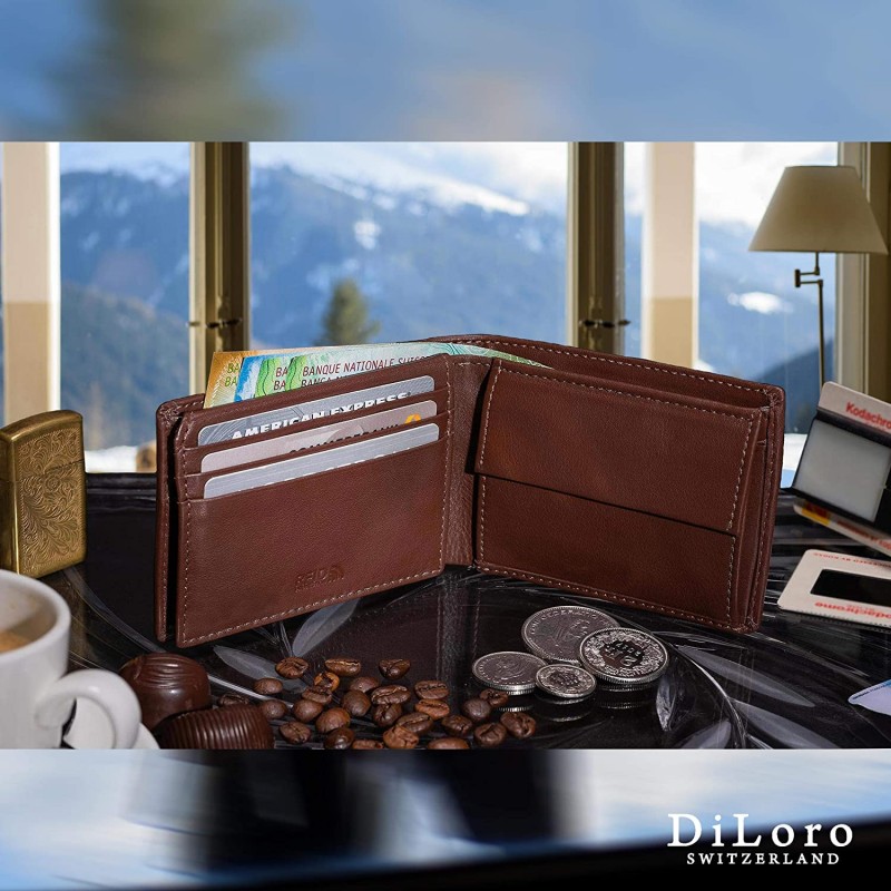 DiLoro 지갑 남성용 Bifold RFID 가죽 지갑 Flip ID Coin Compartment (Hickory Brown)