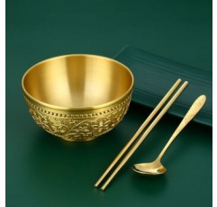 Kaximu 황동 그릇 구리 꽃 조각 그릇+젓가락+숟가락 3종세트