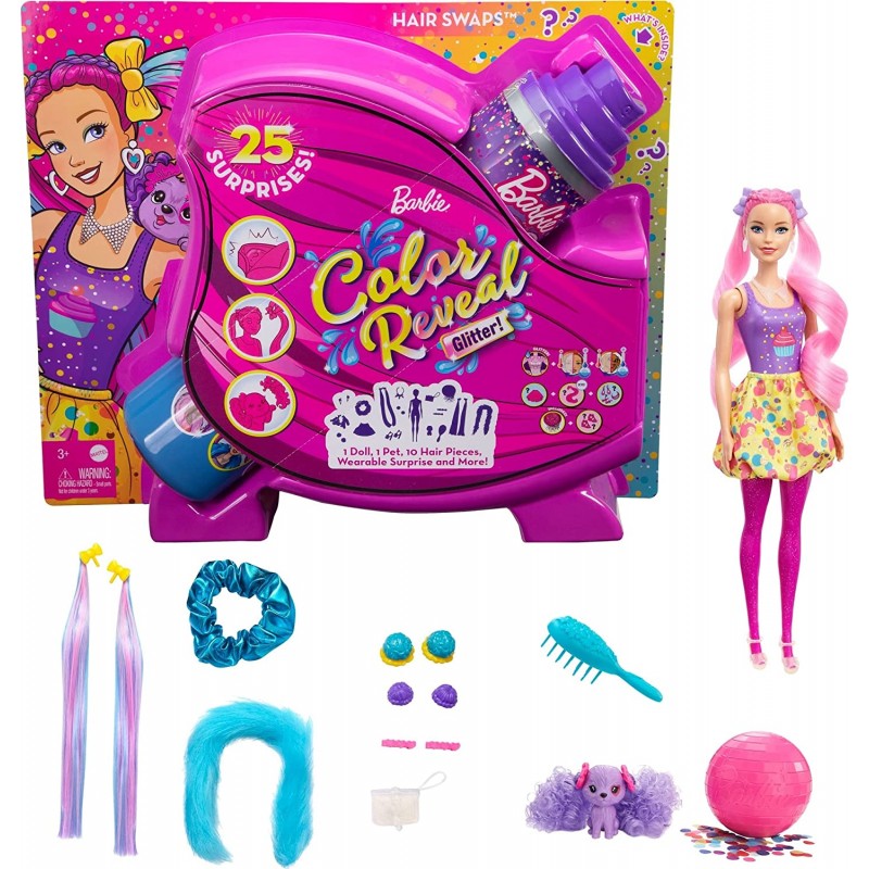 Barbie 컬러 리빌 글리터 헤어 스왑 인형 25가지 헤어스타일링 및 파티 테마 서프라이즈