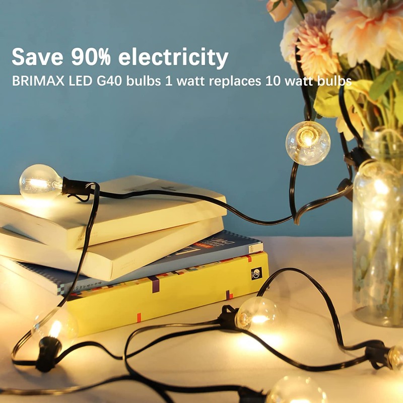 BRIMAX LED E12 에디슨 나사 G40 전구 스트링 1W 웜화이트 교체 유리 전구 AC220-240V 실내옥외용 6팩