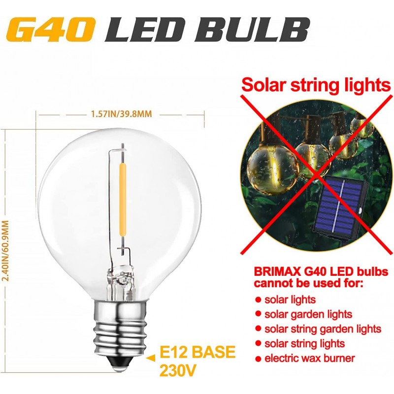 BRIMAX LED E12 에디슨 나사 G40 전구 스트링 1W 웜화이트 교체 유리 전구 AC220-240V 실내옥외용 6팩