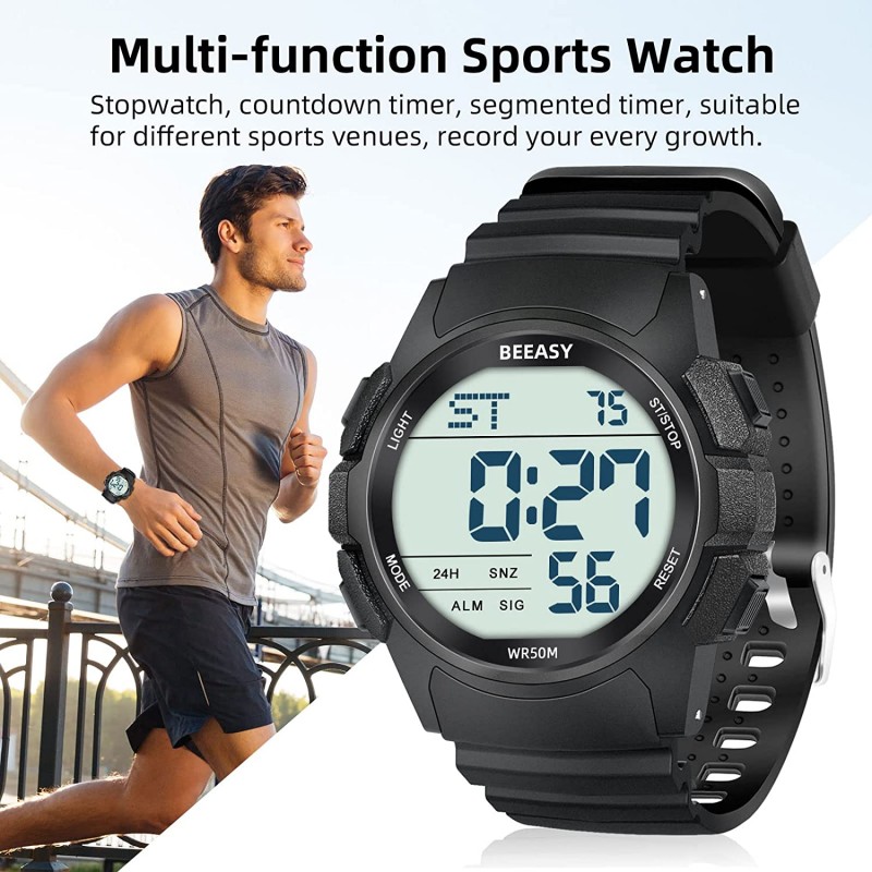 Beeasy Men 디지털 스포츠 시계, 스톱워치 카운트다운 타이머 알람 기능이 있는 방수 시계