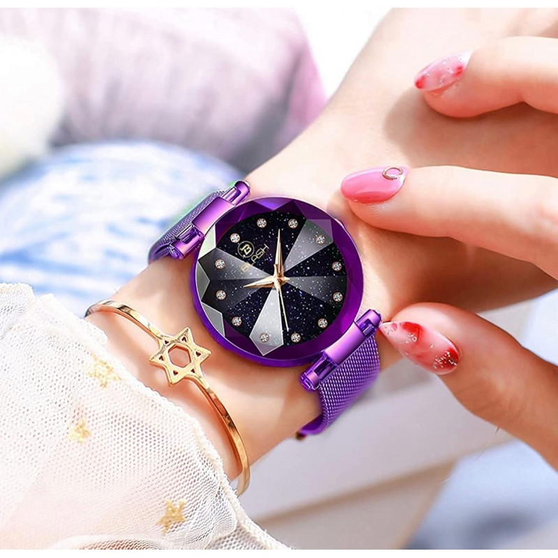 Bilash 여성 시계 스테인레스 스틸, 매쉬 스트랩, 방수 아날로그 석영 손목 시계 보라색