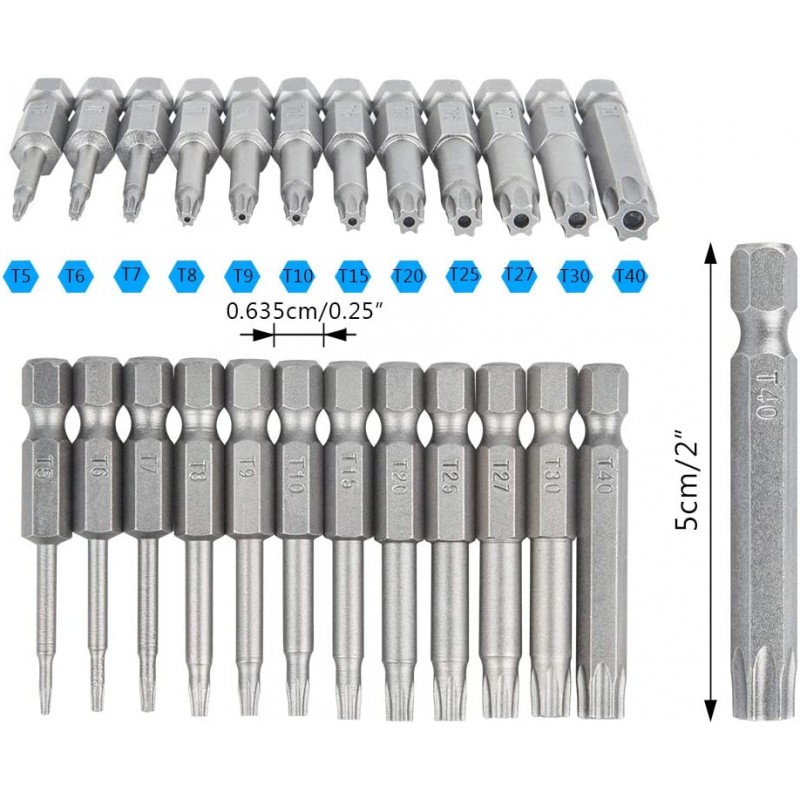 12팩 톡스 헤드 스크루드라이버 비트 세트, DanziX 1/4인치 육각 섕크 T5-T40 S2 스틸