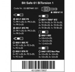 Wera Bit-Safe 61 BiTorsion 1 포괄적인 토션 비트 및 홀더 세트(드릴/드라이버용) 61피스