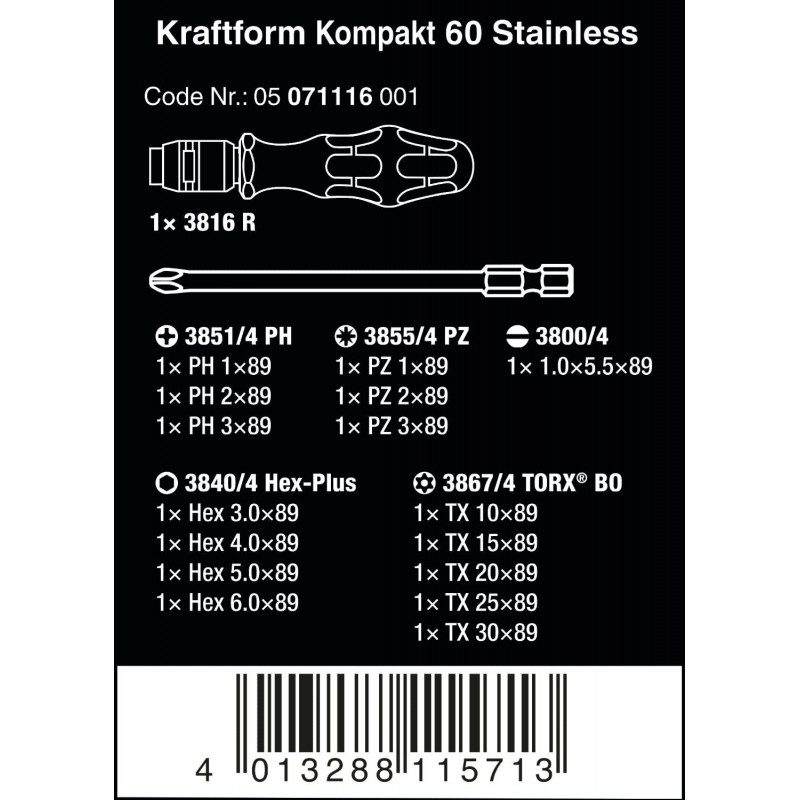 Wera Kraftform Kompakt 60 고정 스크루드라이버 및 비트 세트, 17개, 05071116001