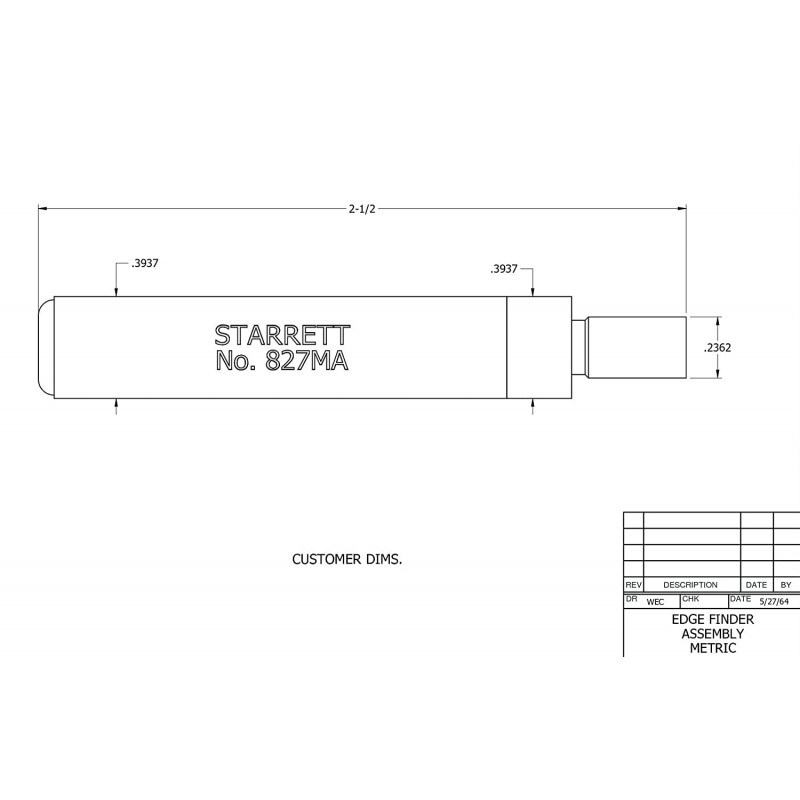 Starrett 827MA 에지 파인더, 싱글 엔드, 10mm 본체 직경, 6mm 접촉 직경