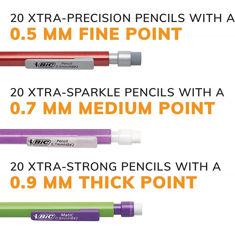 BIC 버라이어티 팩, 다양한 크기, 0.5mm, 0.7mm, 0.9mm, 그래파이트 연필 60개