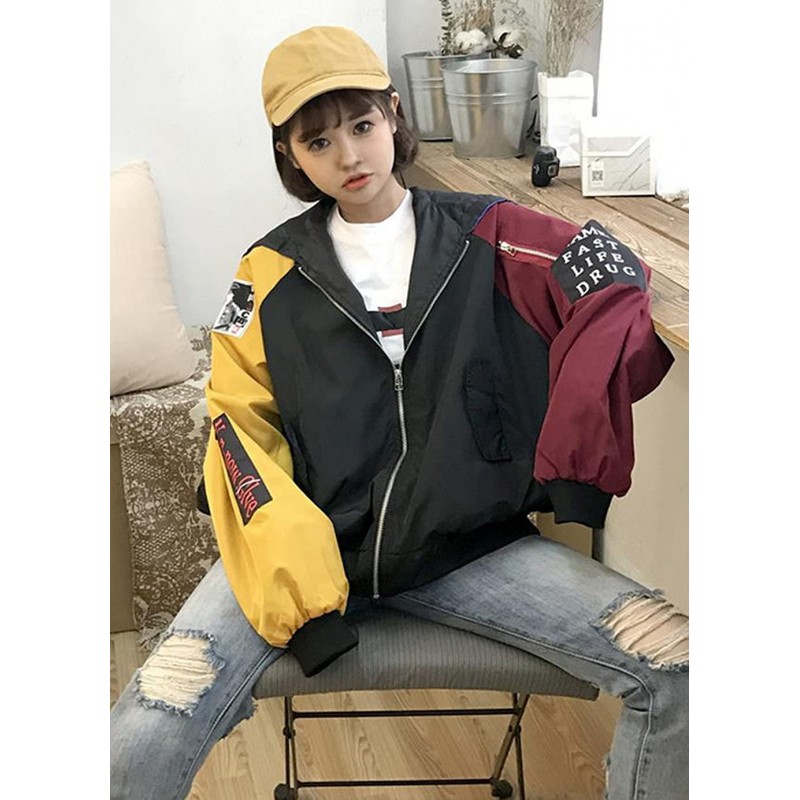 (니카) 레이디스 봄 가을 재킷 점퍼 블루존 긴팔 블루존 얇은 블루존 하라주쿠계 스트리트계 BF풍 심플 블랙