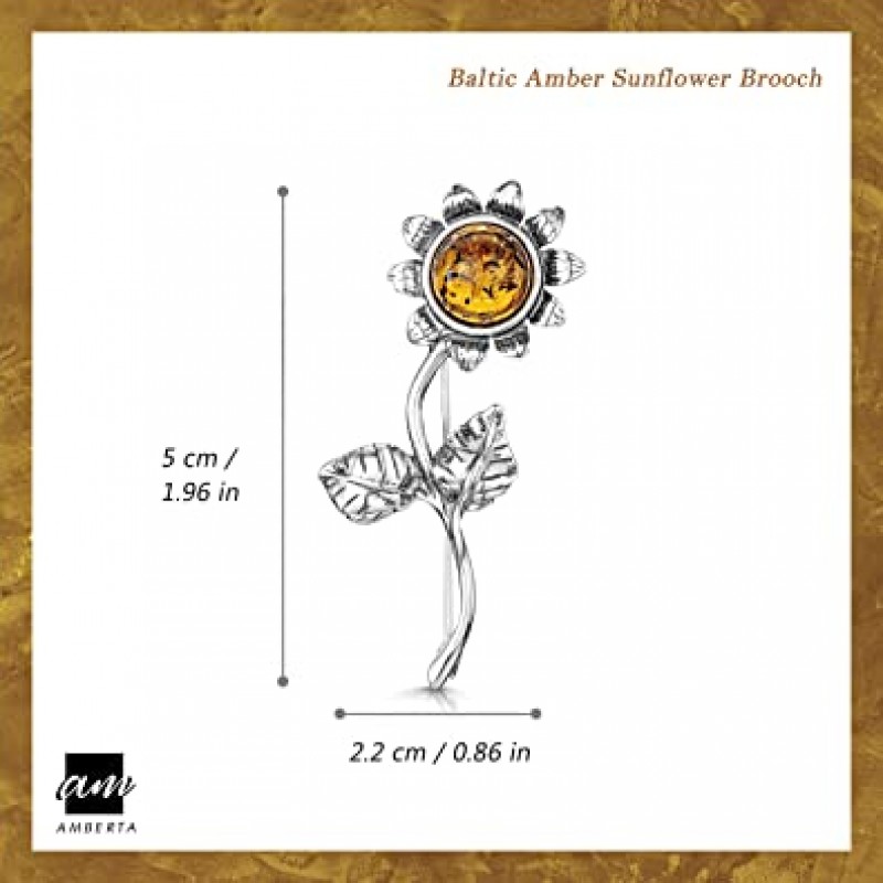 Amberta 925 Sterling Silver with Baltic Amber – 해바라기 브로치/핀 오렌지