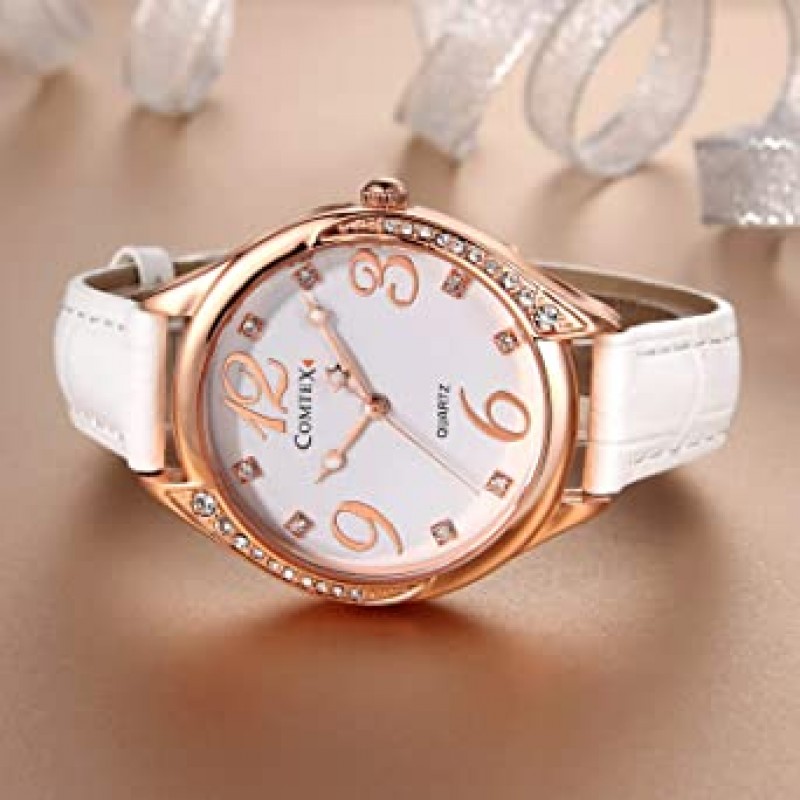COMTEX 여성용 시계 Large Dial Face Crystal Diamante 흰색 가죽 스트랩 시계 (로즈 골드)