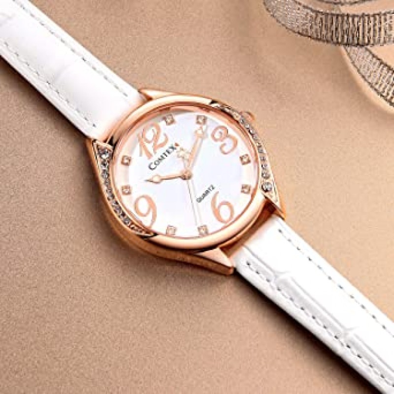 COMTEX 여성용 시계 Large Dial Face Crystal Diamante 흰색 가죽 스트랩 시계 (로즈 골드)