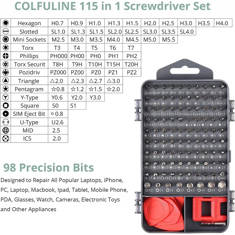 COLFULINE 스크루드라이버 세트, 115 in 1 정밀 기계 도구 세트 다기능 이동식 전화 비트 수리 도구 키트